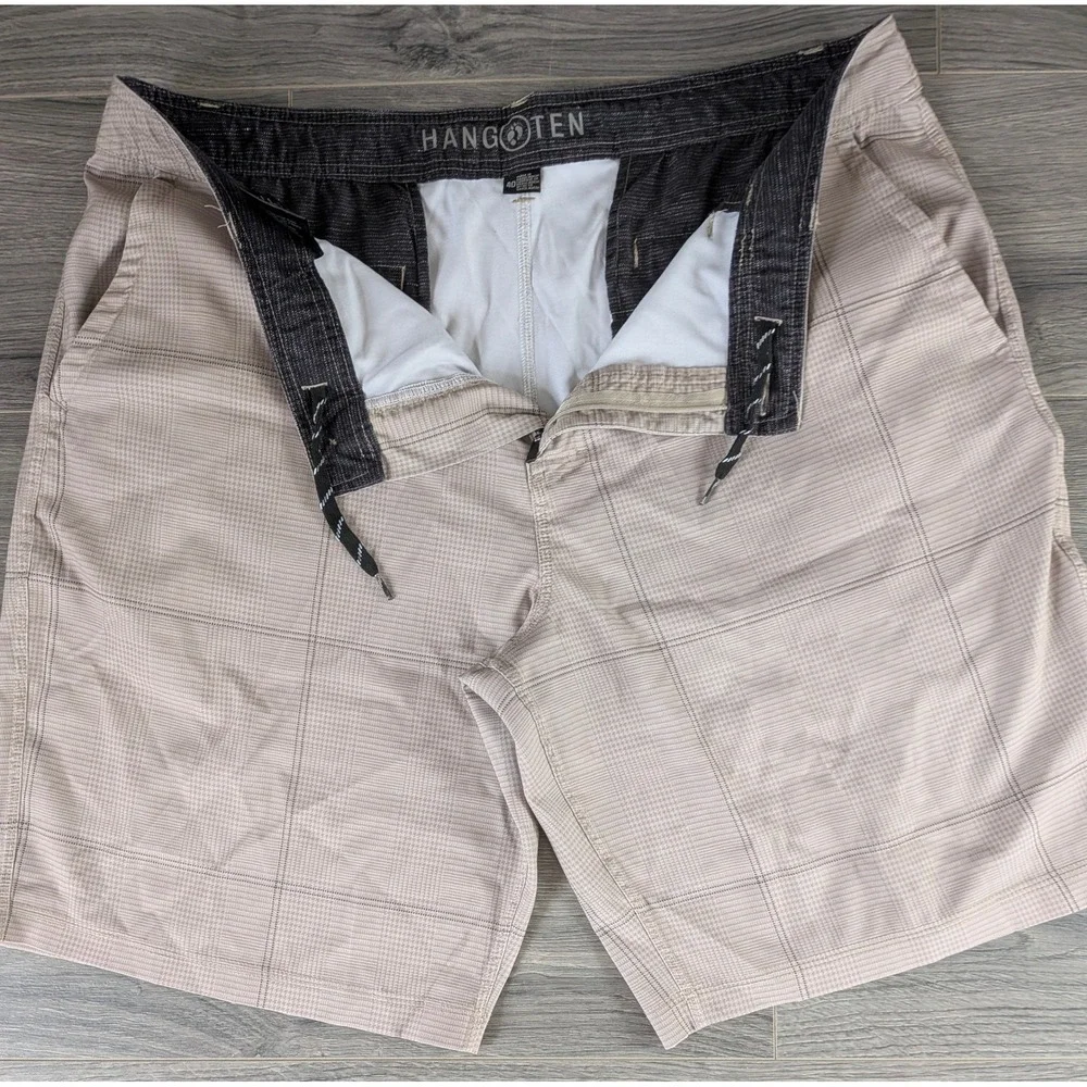 Hang Ten Mens Hybrid Shorts Tan Plaid Glen Check Size 40 Walk Board Shorts